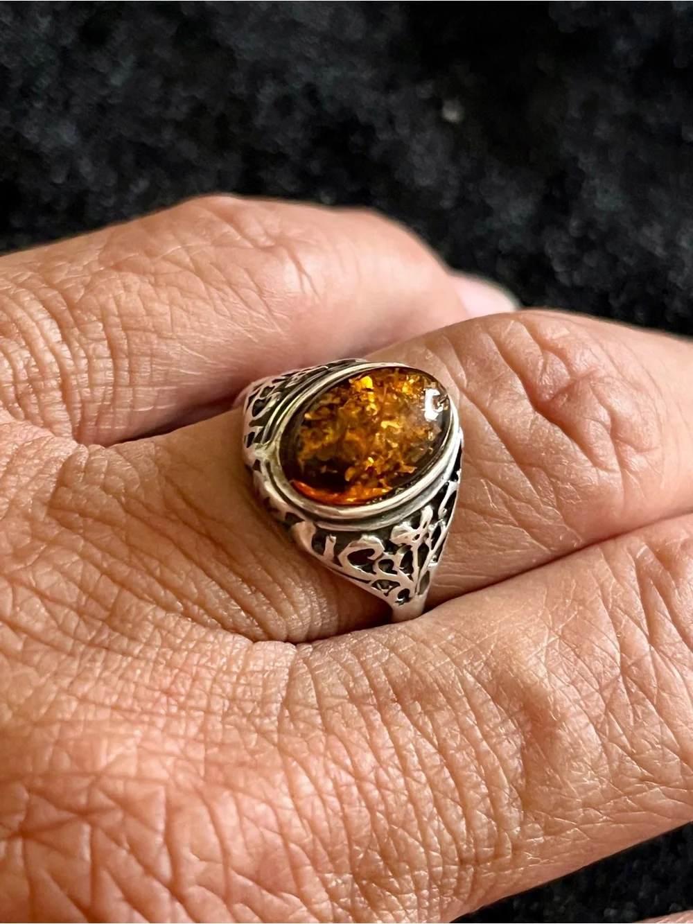 Sterling Silver Amber Ring with Intricate Design, size 7